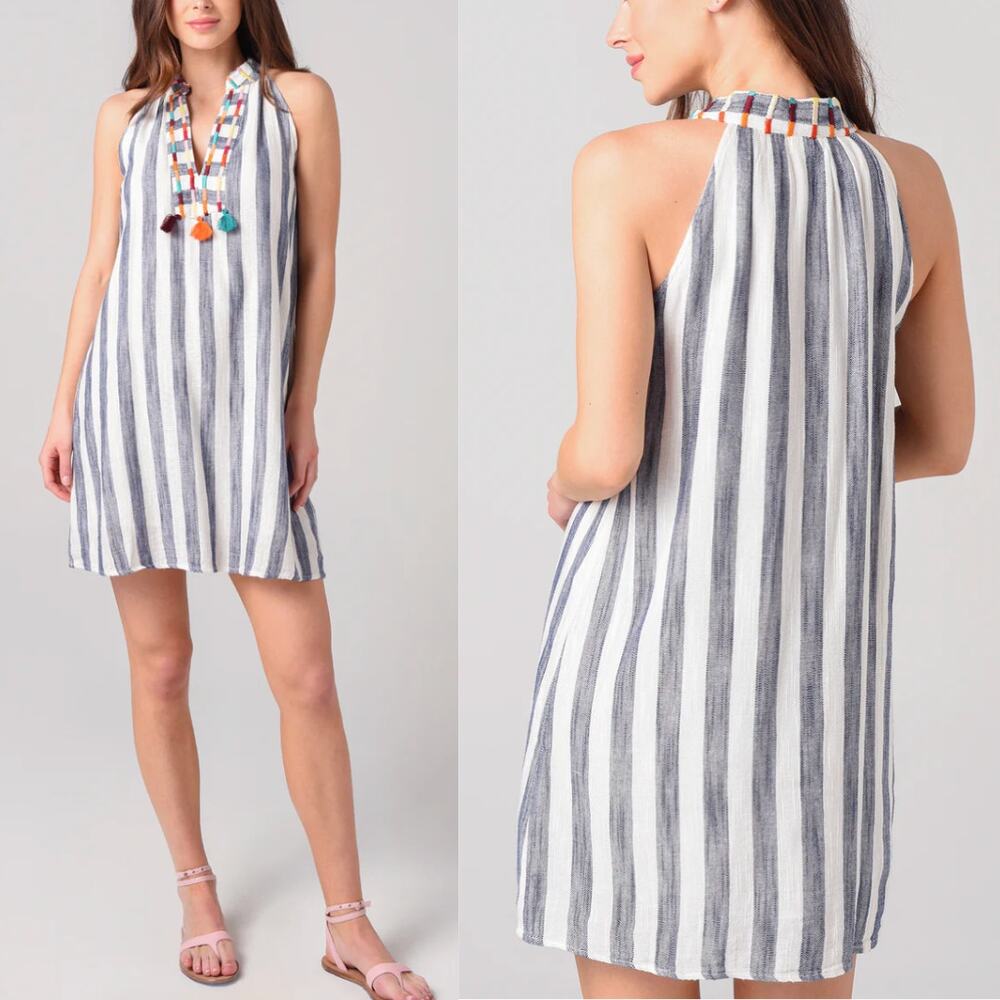 THML Stripe Embroidered Tassel V-neck Halter Sleeveless Mini Shift Dress